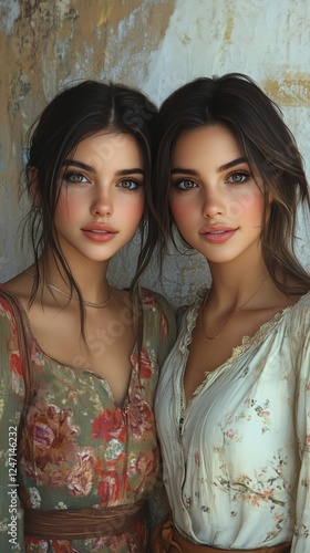Two young women with long hair pose closely together, showcasing natural beau...