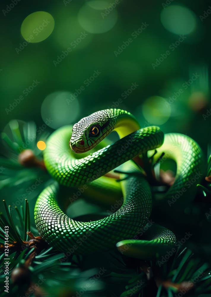 Fototapeta premium Wriggling green snake with pine sprigs and blurred light will create a festive design for christmas and new year cards bokeh green bokeh green abstract background light bright blur pattern
