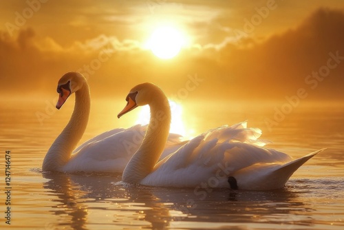 Swans gracefully glide on tranquil water during a stunning sunset