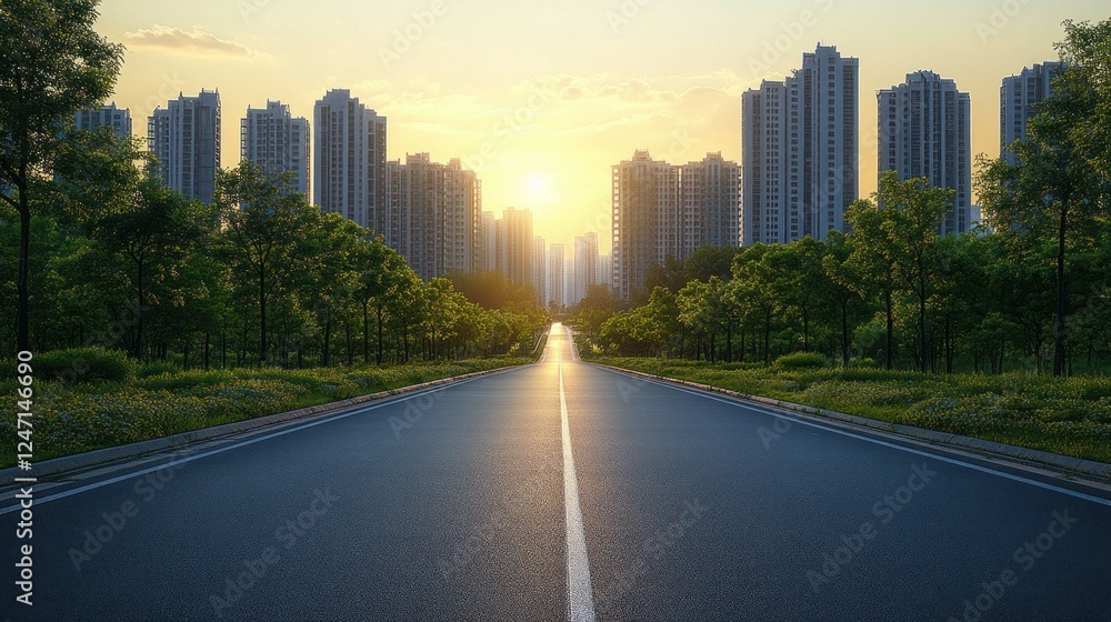 Asphalt road sunset city buildings travel banner Asphalt road sunset city buildings travel banner