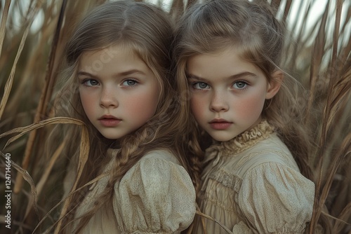 Twin girls standing in a field of tall grass during golden hour light
