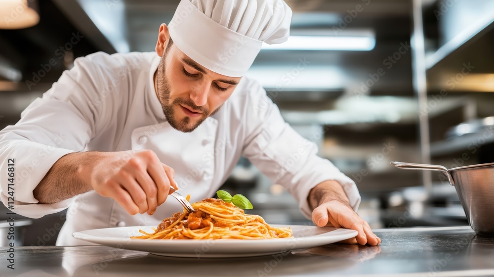Master Chef plating up an exquisite dish in a restaurant, in white uniform Master Chef plating up an exquisite dish in a restaurant, in white uniform