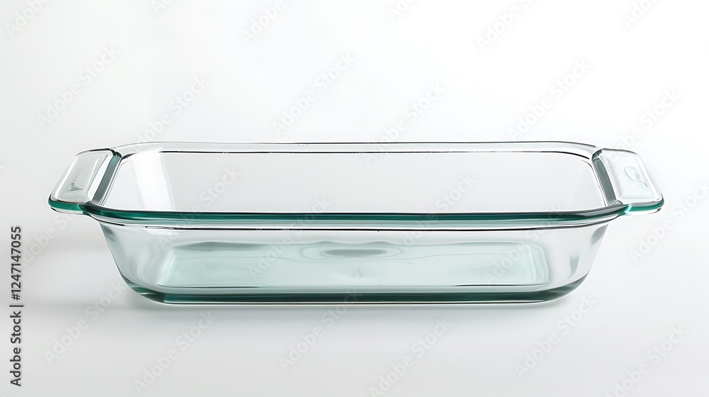 A sturdy glass baking dish with handles on a white background A sturdy glass baking dish with handles on a white background