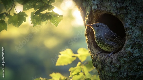 Bird perched inside tree hollow surrounded by green leaves during golden hour...