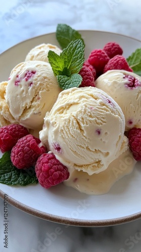 Creamy raspberry ice cream served with fresh raspberries and mint on a marble...