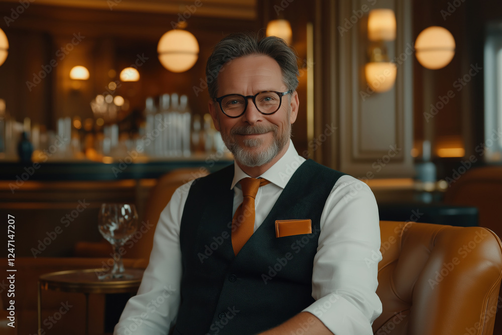 Man in a suit smiling comfortably inside an elegant bar at dusk Man in a suit smiling comfortably inside an elegant bar at dusk