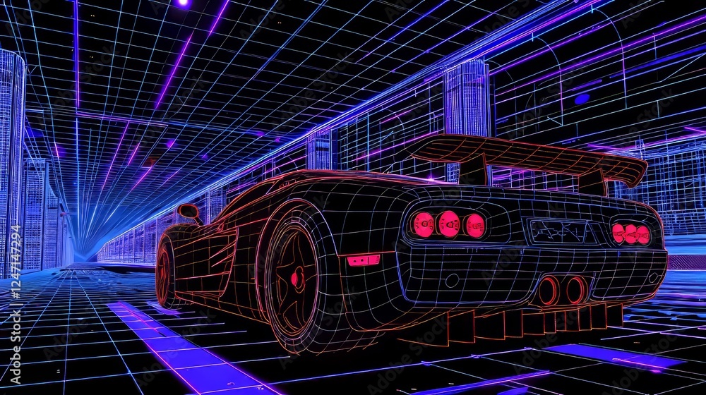 Futuristic car concept in digital wireframe design against a striking blue background Futuristic car concept in digital wireframe design against a striking blue background