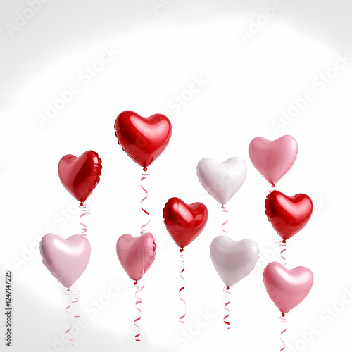 Red, pink, and white heart-shaped balloons gracefully floating against the upper half of a white background, creating a romantic Valentine's Day banner 
