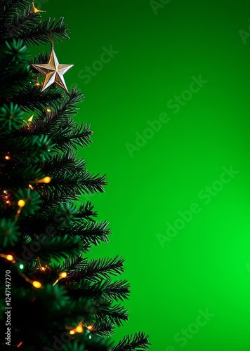 Christmas tree with star in the corner of the image on green background with copy space posters cards banner bokeh green bokeh green abstract background light bright blur pattern