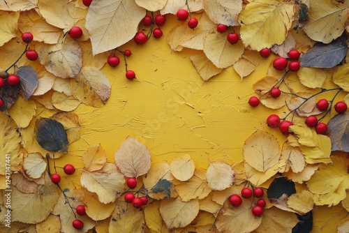 Vibrant autumn leaves and red berries arranged on a bright yellow background ...
