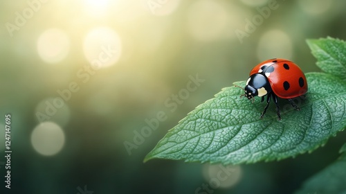 Ladybug resting on green leaf under warm sunlight in a serene garden setting
