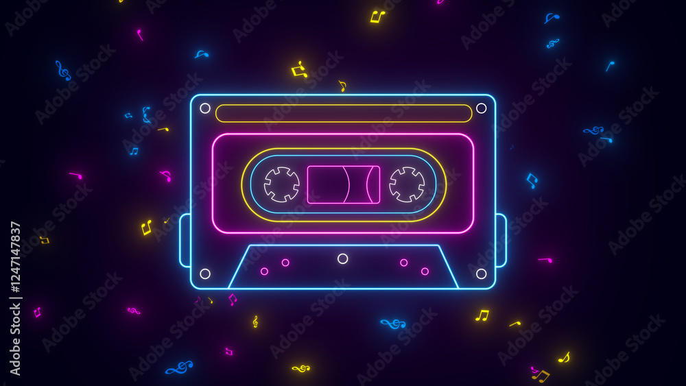 Fototapeta premium neon lights retro cassette tape and music notes flying ,music song nostalgic background 