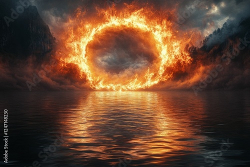 Spectacular sunset view of a flaming ring over tranquil ocean waters