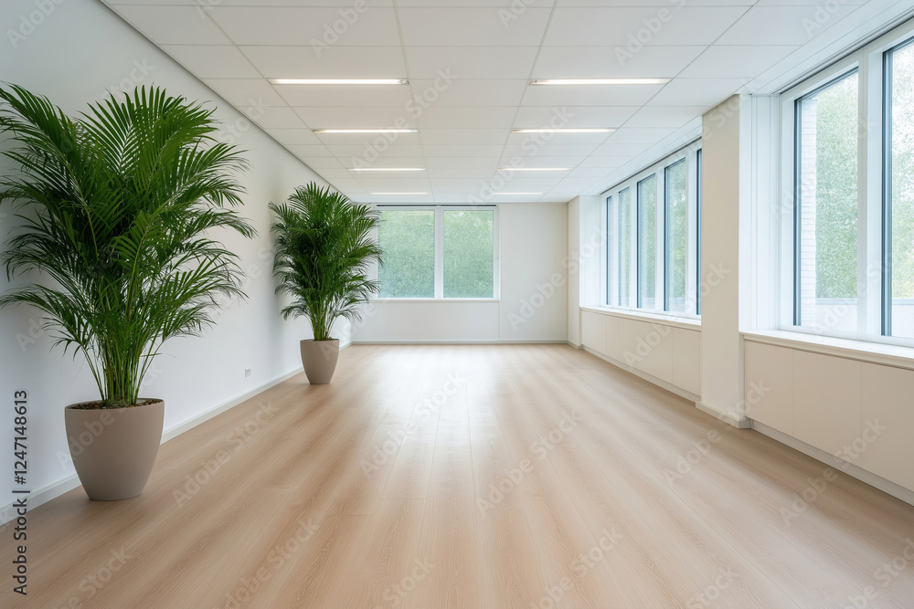 Modern workspace with large windows and greenery in an inviting atmosphere Modern workspace with large windows and greenery in an inviting atmosphere