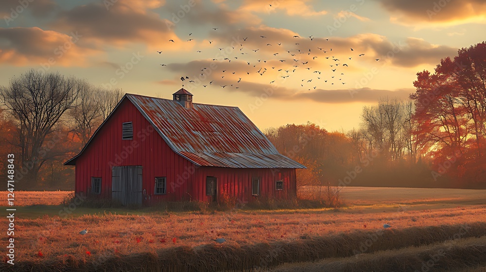 Fototapeta premium Rustic red barn autumn sunset field birds