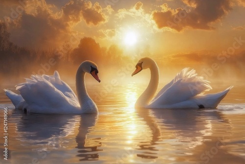 Swans gracefully glide on tranquil water during a stunning sunset