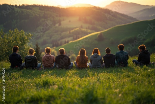 Friends enjoying sunset on a hillside with scenic mountains in the background...