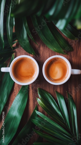 Warm coffee cups with heart latte art surrounded by green palm leaves on wood...