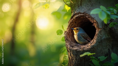 Bird perched inside tree hollow surrounded by green leaves during golden hour...