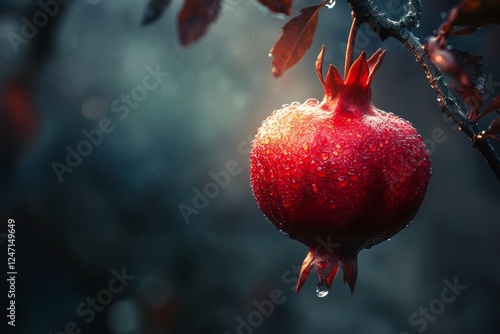 Vibrant pomegranate hanging from a branch against a textured blue wall