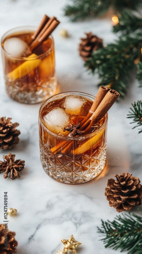 Warm spiced drink with cinnamon sticks and ice served during festive winter celebration Warm spiced drink with cinnamon sticks and ice served during festive winter celebration