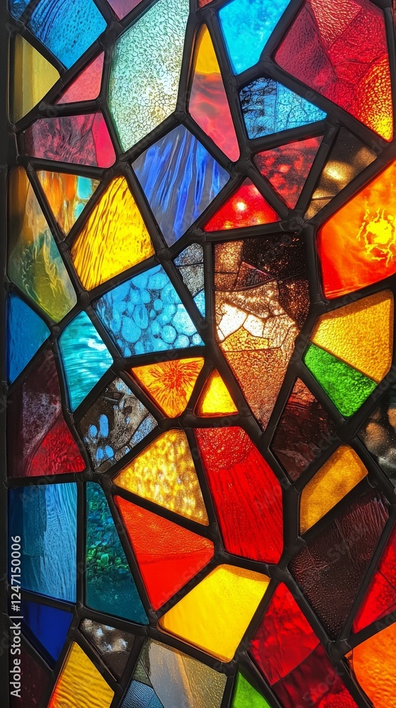 Colorful stained glass window displaying diverse geometric patterns and vibrant hues