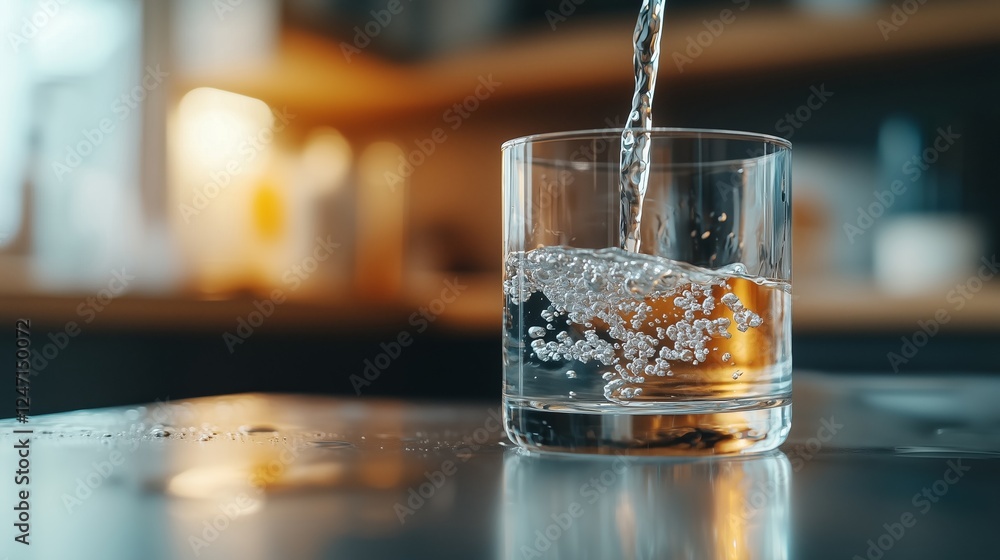 Crystal-clear water being poured into a glass, creating bubbles, in a warm, inviting kitchen setting. Crystal-clear water being poured into a glass, creating bubbles, in a warm, inviting kitchen setting.