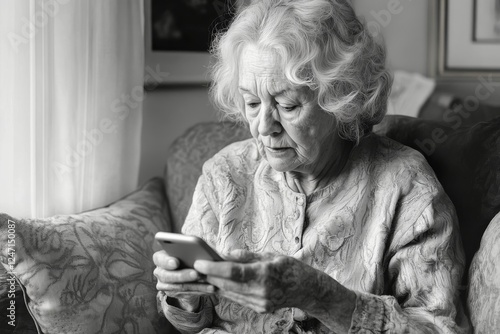 Elderly woman sitting on a couch focused on her smartphone in soft light