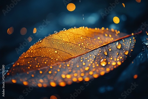 Close-up of a leaf with water droplets highlighting intricate textures and co...