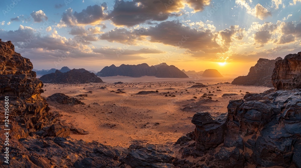 Golden rays of sunlight bathe the expansive desert landscape at dusk, illuminating rugged mountains and smooth sands Golden rays of sunlight bathe the expansive desert landscape at dusk, illuminating rugged mountains and smooth sands