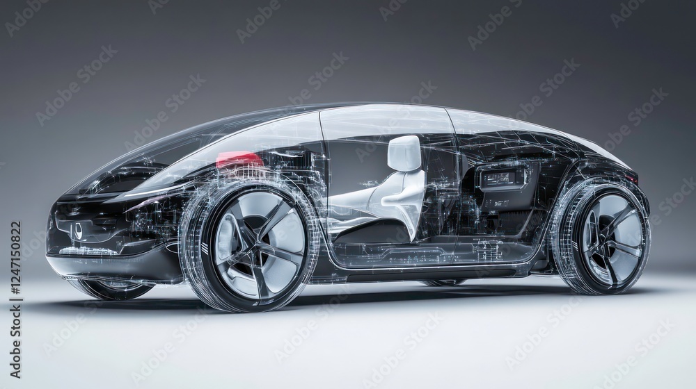 A futuristic electric vehicle is displayed with a transparent outer shell, revealing its sophisticated interior design and advanced technological components