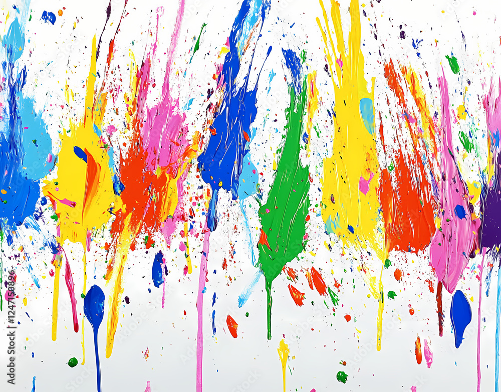 Fototapeta premium Colorful paint splashes on a white background, a rainbow-colored splash painting. A color explosion concept