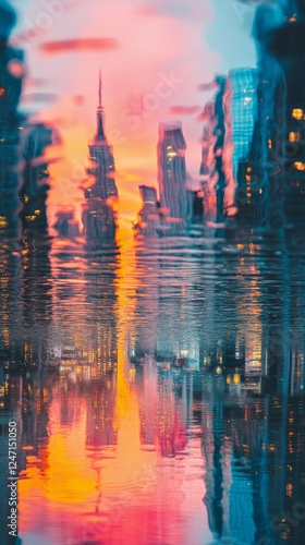 Vibrant reflections on water surface during urban evening lights with colorfu...