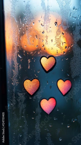 Raindrops on window showcasing colorful heart shapes against a warm glowing b...