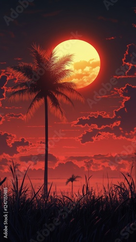 Sunset over tropical palm trees with vibrant red sky and clouds
