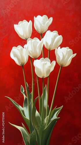 Elegant white tulips arranged against a vibrant red background showcasing nat...