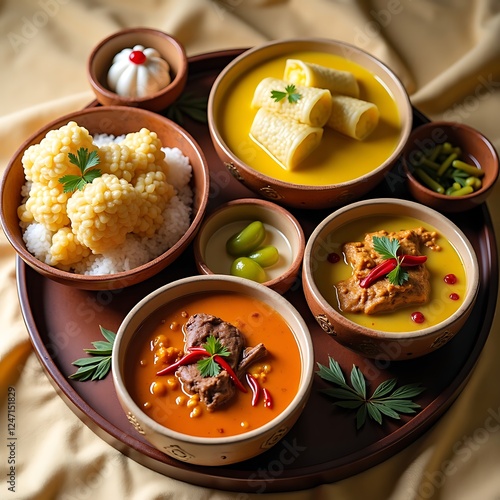 Authentic Indonesian Eid al-Fitr Delicacies with Ketupat, Opor, Rendang, and Vegetable Soup