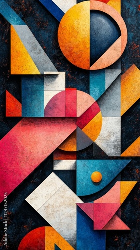 Colorful abstract geometric composition featuring various shapes and textures...