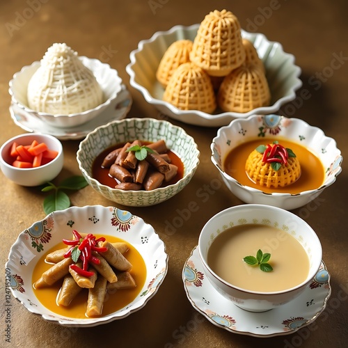 Traditional Indonesian Hari Raya Feast with Ketupat, Chicken Curry, and Rendang