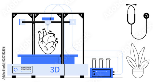 3D printer creating a heart with lab tools and plant, depicting innovative medical technology and bioprinting. Ideal for healthcare, innovation, future medicine, research, technology, science