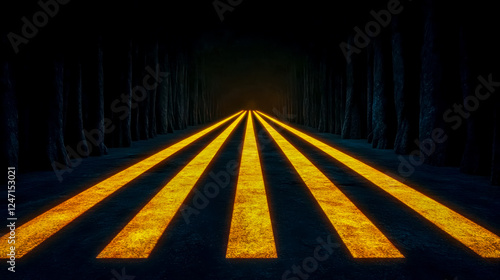 Wallpaper Mural Yellow road markings glimmering through shadowy woodland, guiding travelers along a serpentine path, hinting at mysterious journey ahead Torontodigital.ca