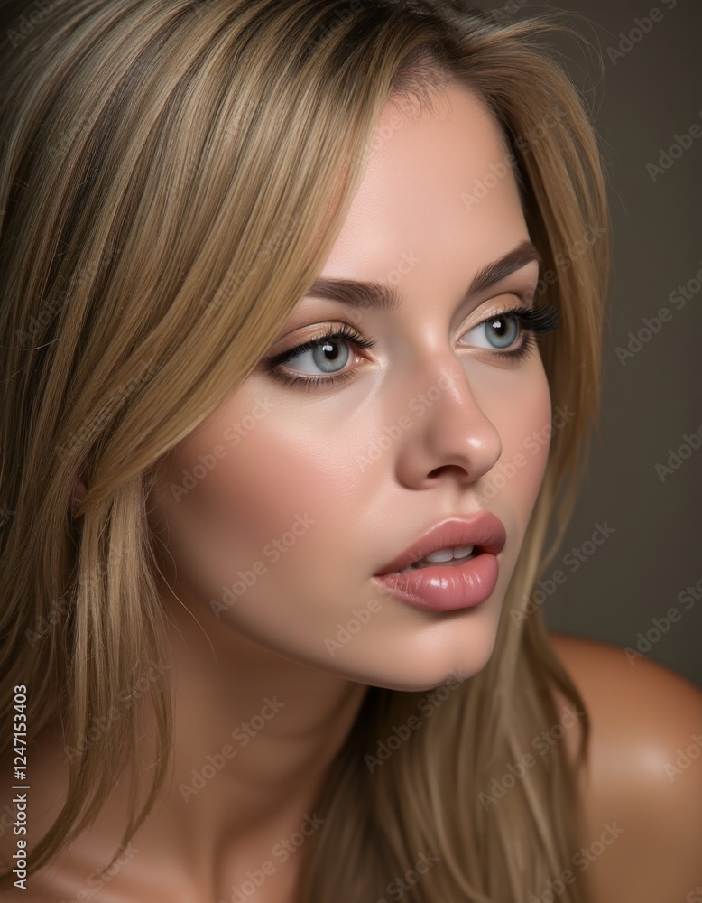 A close up of a woman's face with long blonde hair A close up of a woman's face with long blonde hair