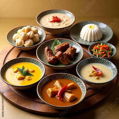 Eid al-Fitr Traditional Meal: Ketupat, Curry Chicken, Beef Rendang, and Vegetable Lontong