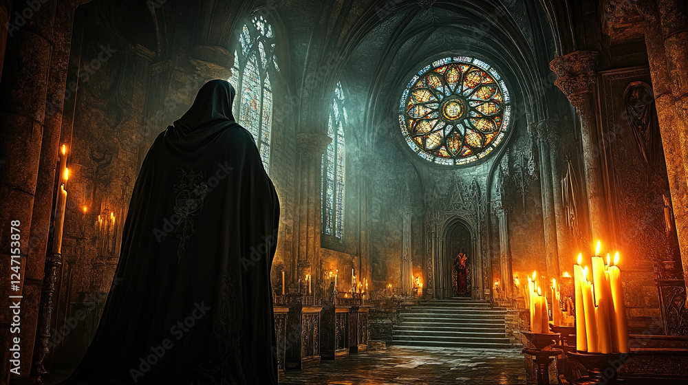 A gothic cathedral with intricate stained glass, candles, and a mysterious figure in a cloak, in a dark and moody style, realistic photo A gothic cathedral with intricate stained glass, candles, and a mysterious figure in a cloak, in a dark and moody style, realistic photo