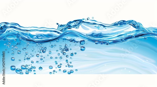 Serene blue water surface with bubbles and gentle splashes illuminated by sunlight for designs