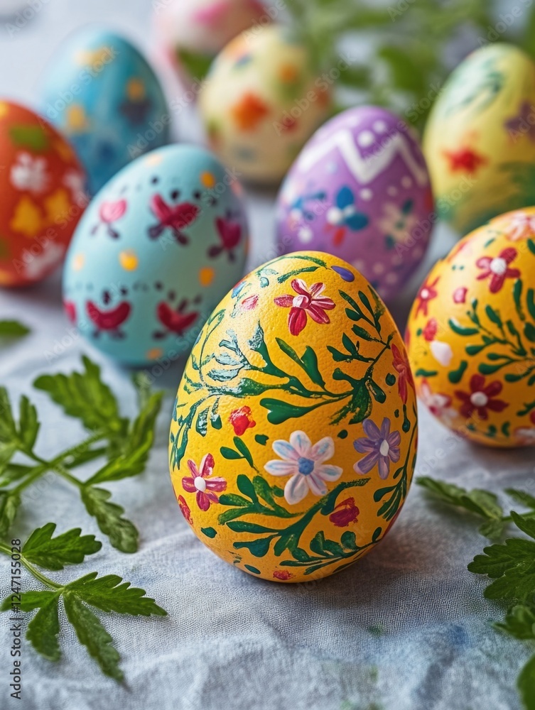 Fototapeta premium Colorful eggs with flower patterns and vibrant colors, perfect for Easter celebrations.