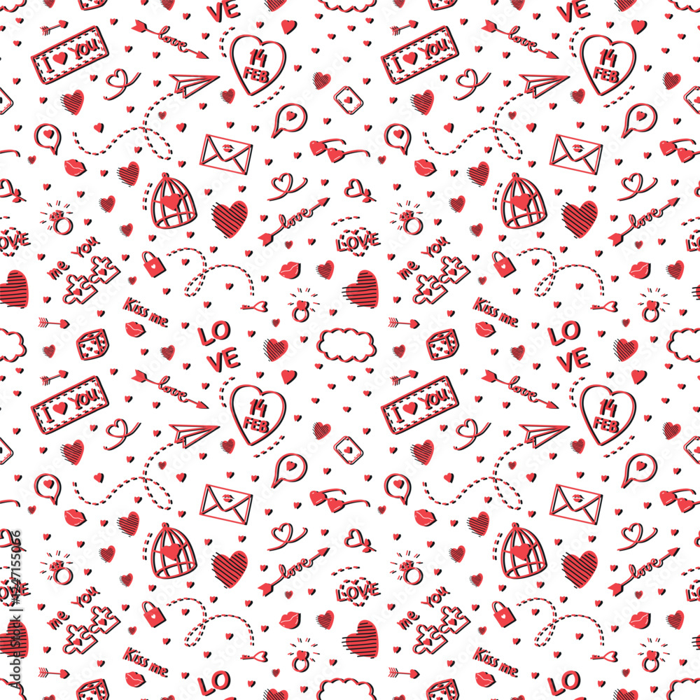 Valentine's Day Seamless Pattern. Happy Valentines Day Abstract Print. Valentines Day Holiday Elements. Doodle. Vector illustration in Red, Black on White Background.