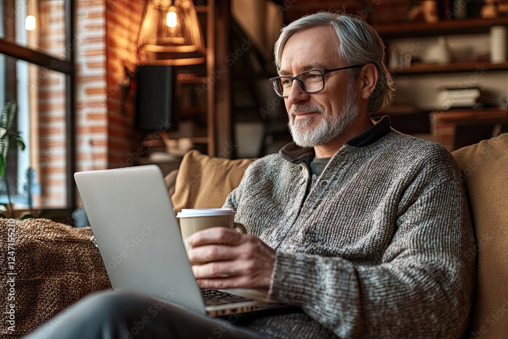 A senior man is seen on his sofa at home, engrossed in his laptop for home study. During a coffee break, he is either surfing the web, catching up on a film, or participating in a webinar or online A senior man is seen on his sofa at home, engrossed in his laptop for home study. During a coffee break, he is either surfing the web, catching up on a film, or participating in a webinar or online