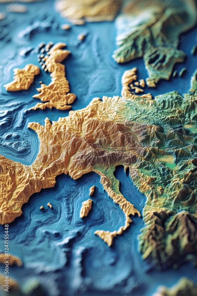 Fototapeta premium Topographic map of Europe with elevations highlighted, showing mountainous regions such as Alps and Pyrenees.