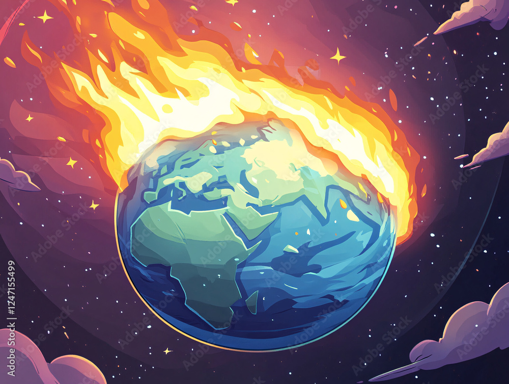 Fototapeta premium Digital Illustration of a Burning Planet Engulfed in Flames, Depicting a Global Crisis, Cosmic Disaster, or Environmental Apocalypse